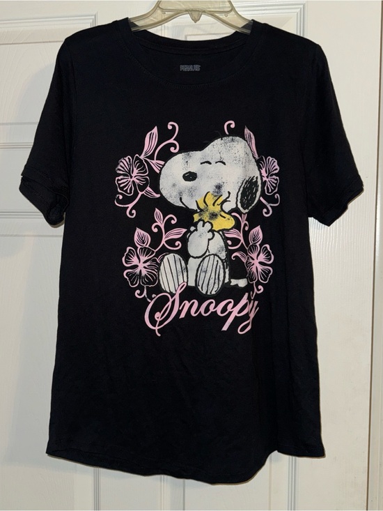 Peanuts Tops - Peanuts Black Tee with Pink Floral Snoopy & Yellow Woodstock